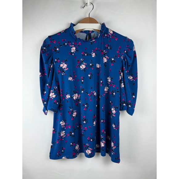 CeCe Tops - Women's CeCe Floral Print Mock Neck Top Blue/Pink Size XL